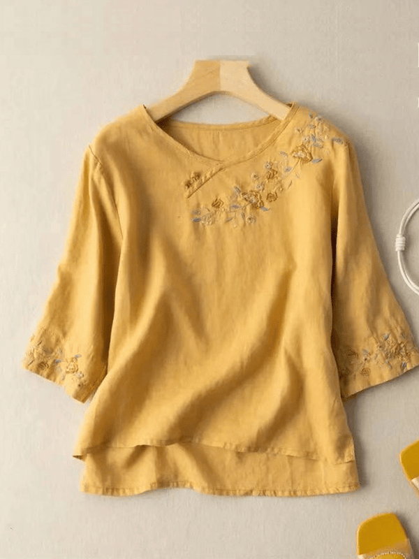 Women's Casual Button Embroidered Cotton Linen 3/4 Sleeve T-Shirt