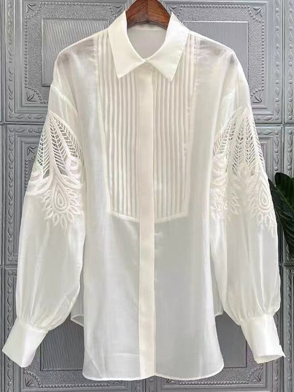 Exquisite Embroidery White Temperament Casual Long-Sleeved Shirt